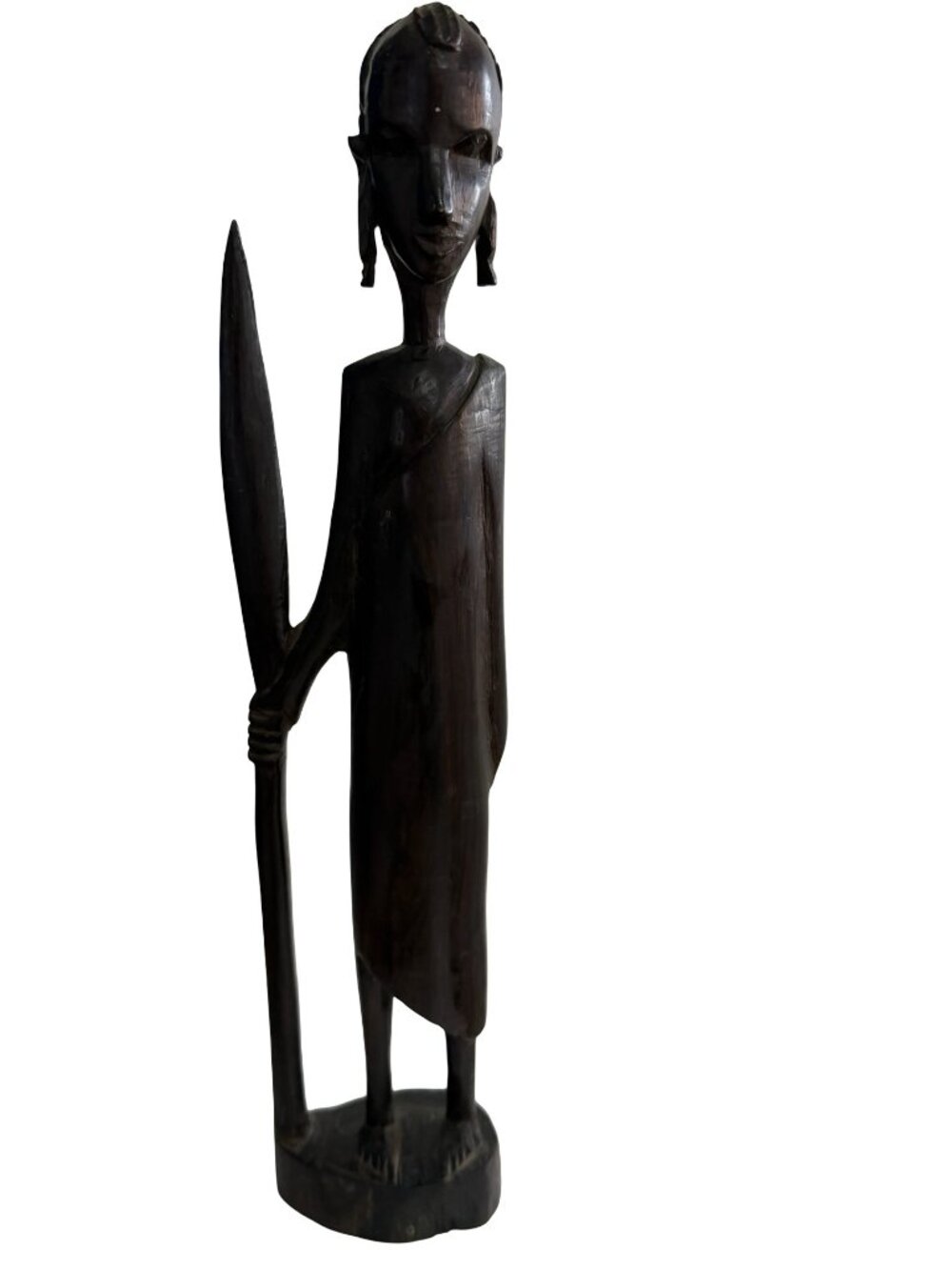 Hand Carved African Warrior Sculpture Wood Figure with Spear 12" Tribal Folk Art